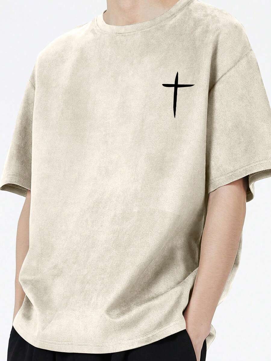 1pc Teenage Boys/Youth Casual Outdoor Fashionable Simple Suede Short Sleeve T-Shirt, Summer - Màu be - Xem 1