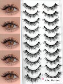 Asiteo 10 Pairs Fluffy Natural Cartoon Style False Eyelashes - Transparent Stem, Faux Mink, Cat Eye Shape, Short Natural Makeup Effect, Suitable For Daily Makeup - Reusable, Comfortable, Beginner-Friendly False Eyelashes - 黑色 - 查看 2