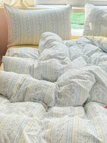 2/3pcs Floral & Plant Print Ruched Soft Bedding Set, Light Blue & Light Yellow, Sweet & Cute Student Style, Suitable For Twin, Full, Queen Size Beds, Spring/Summer - Multicolor - View 4