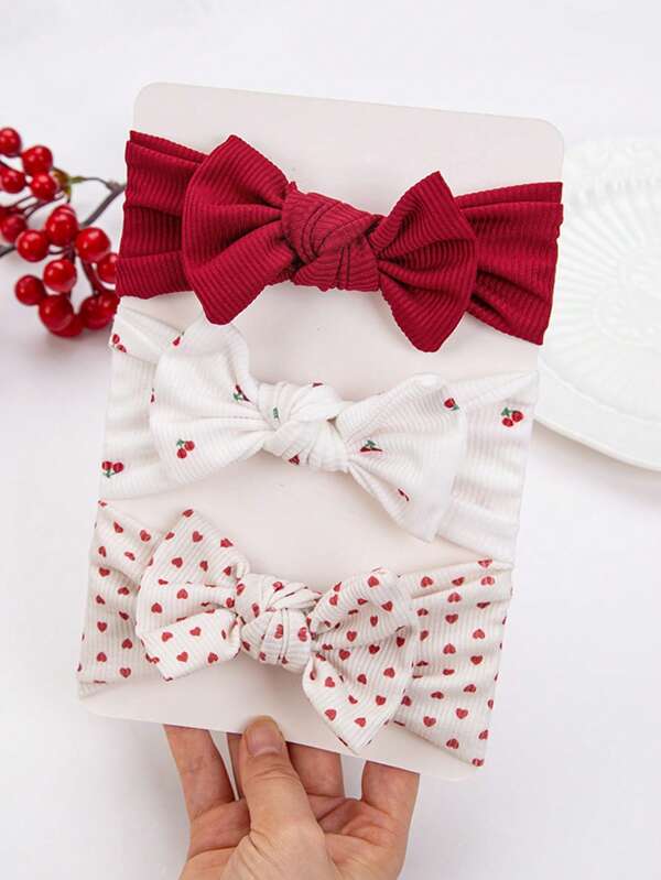 3pcs/Set Baby Cherry Blossom Floral Soft Bow Headbands, Cute Infant Turban Headwraps, Solid Color Print, Spring & Autumn