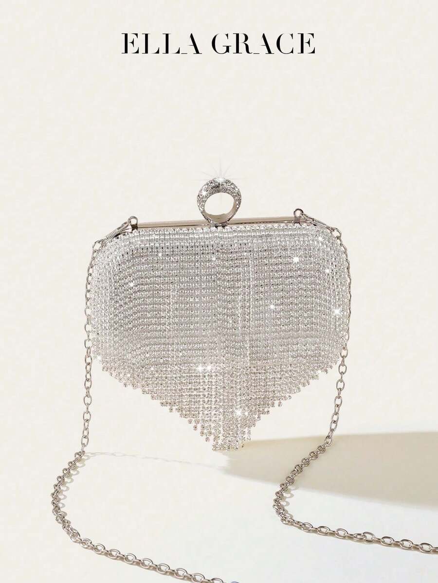 ELLA GRACE-Rhinestone Heart Clutch Purse Convertible With Detachable Chain Luxury Evening Bag For Red Carpet, Dates, Office & Parties - Silver - View 1