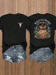 Wild Flowers & Wild Horses Print Round Neck T-Shirt, Casual Daily Short Sleeve Tee For Music Festival - Black - View 1