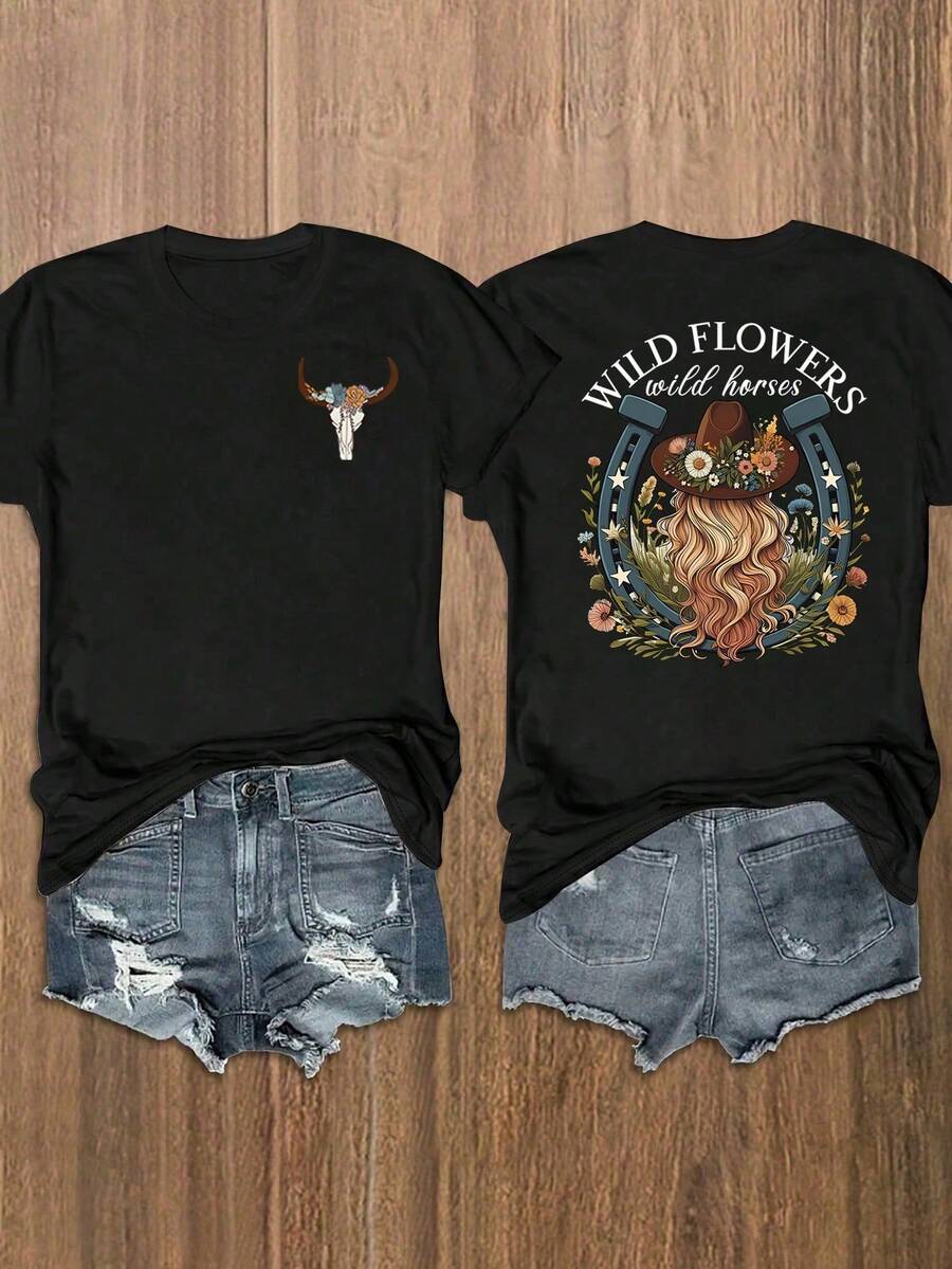 Wild Flowers & Wild Horses Print Round Neck T-Shirt, Casual Daily Short Sleeve Tee For Music Festival - Black - View 1