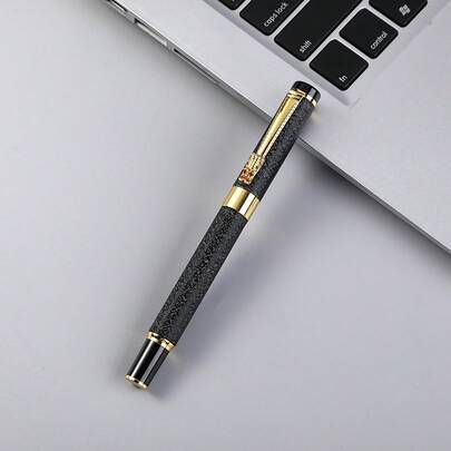 奢华黑色哑光钢笔，带水龙头 - 书写流畅 -0.05毫米/适合男士奢华礼品笔，开学季必备，商务办公签名笔/可更换墨盒