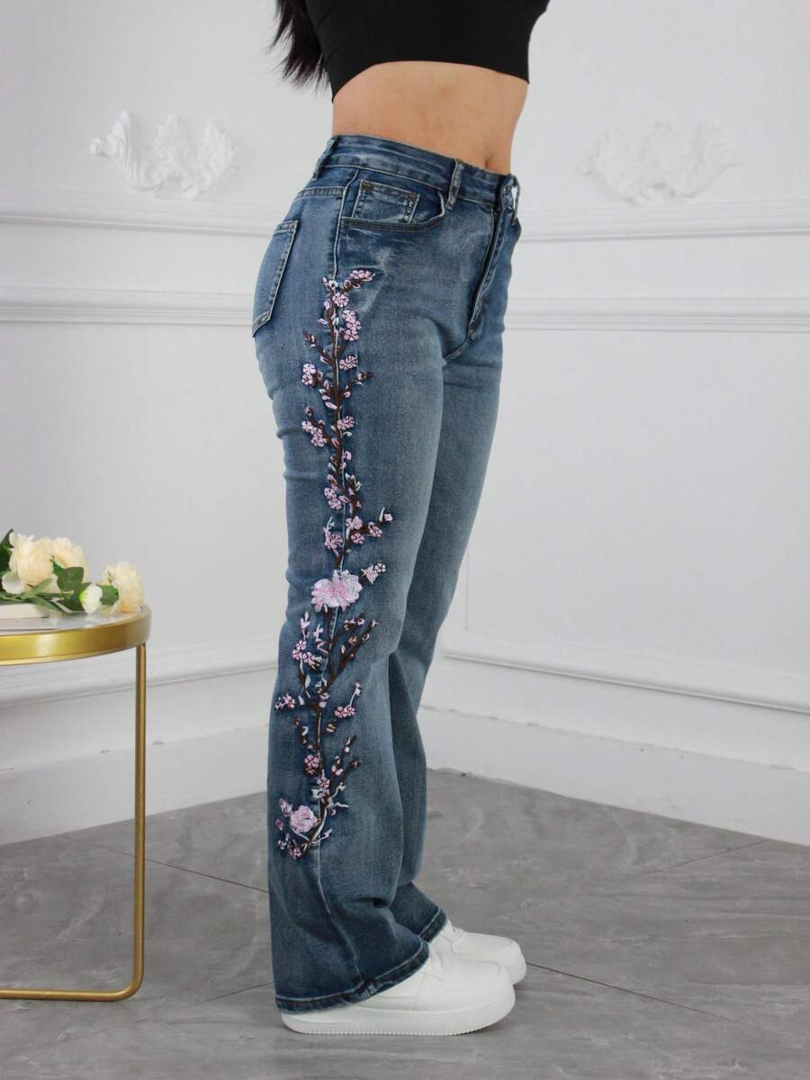 Women's All-Season Slim-Fit High-Waisted Flared Jeans, Retro Dark Blue, Embroidered, Extra-Long Flared Pants, High Elasticity, Suitable For Everyday Casual Wear And Versatile. - 藍色 - 查看 1