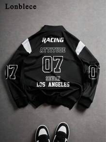 Lonblece 男士半拉链/四分之一拉链卫衣，黑白拼接赛车号码图案印花，休闲四分之一拉链套头衫，秋季款，长袖上衣