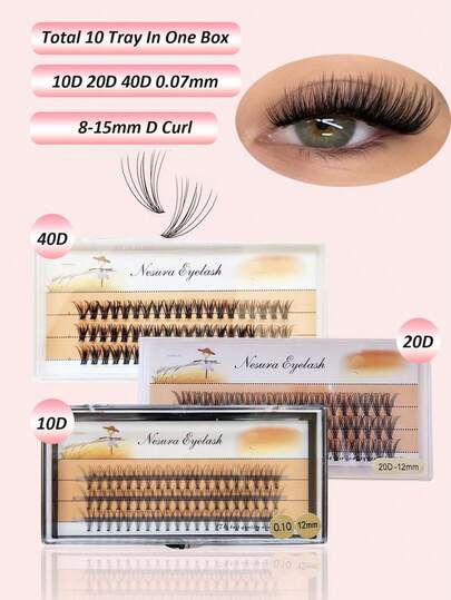 10 cajas, set de 600 piezas de pestañas postizas en racimo, 10D, 20P, 40P, 8-14mm, aspecto natural, alargamiento y larga duración, adecuado para fiestas y eventos, crea un maquillaje natural