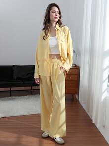 Bộ đồ thời trang nữ mới, áo kiểu voan hồng có eo điều chỉnh được, kết hợp với quần ống rộng voan. - Màu vàng - Xem 9