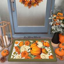 1pc Thanksgiving Rustic Pumpkin & Floral Print Holiday Doormat, Soft Non-Slip Absorbent Machine Washable Kitchen Mat, Festive Cozy Entryway Rug, Rectangular Low Pile Holiday Home Decor Mat For Living Room, Bedroom, Kitchen, Laundry Room, Bathroom