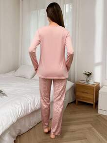 Mirano Slogan Print Short Sleeve Top & Cherry Pattern Long Pants Pajama Set - Pink - View 2