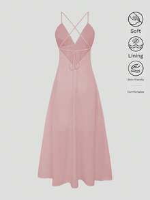 Women's Satin V-Neck Elegant Summer Maxi Dress, Silky Nightdress, Holiday Party Birthday Formal Occasion Dress - Pink - View 3