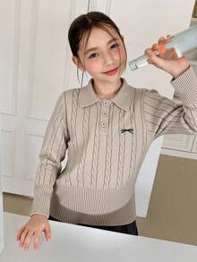 Dazy Kids Tween Girl Bow Decor Polo Neck Long Sleeve Casual Sweater, Autumn/Winter - Apricot - View 4