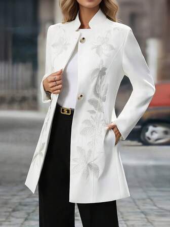 HOMEYEE Stand Collar Long Sleeve Embroidered Contrast Color Vintage Casual Resort Elegant Casual Business Mid-Length Cardigan Jacket