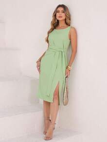 Women's Dress With Sophisticated Fit And Front Knot Knot Knot At The Front - 開心果綠 - 查看 3