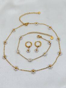 Daisy Flower Bracelet Necklace Anklet Earrings Set, Suitable For Women Spring/Summer Outfits