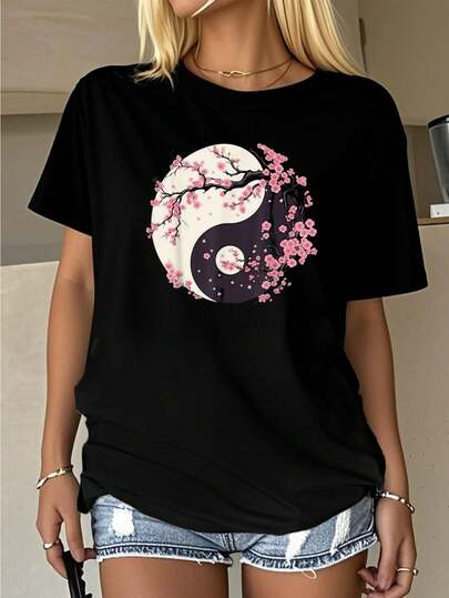 Cherry Blossom Tree Of Life Moon Duality-Shirt         Graphic Tees Women Crop Tops Summer Outfits Women Summer Tops-Shirt