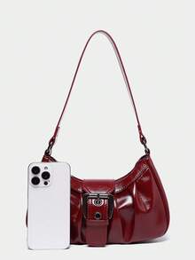 Fashionable Retro Wine Red Crescent Bag, Y2K Babe Shoulder Bag, Ruched Cloud Bag Design, Soft Leather Underarm Shoulder Bag, Street Style - Burgundy - View 3
