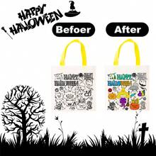 12pcs Halloween Theme Coloring DIY Tote Bag Set, Includes Pumpkin, Witch And Other Fun Patterns, Handmade Painting And Coloring, Creative Craft, Party Favor Bags, Holiday Gift Bags, Halloween, Party Decor - Multicolor - View 4