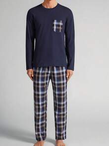 Men's Plaid Print Crew Neck Long Sleeve Top And Pants 2 Pieces Pajama Set, Casual And Comfortable Loungewear For Spring And Autumn, Winter Clothes