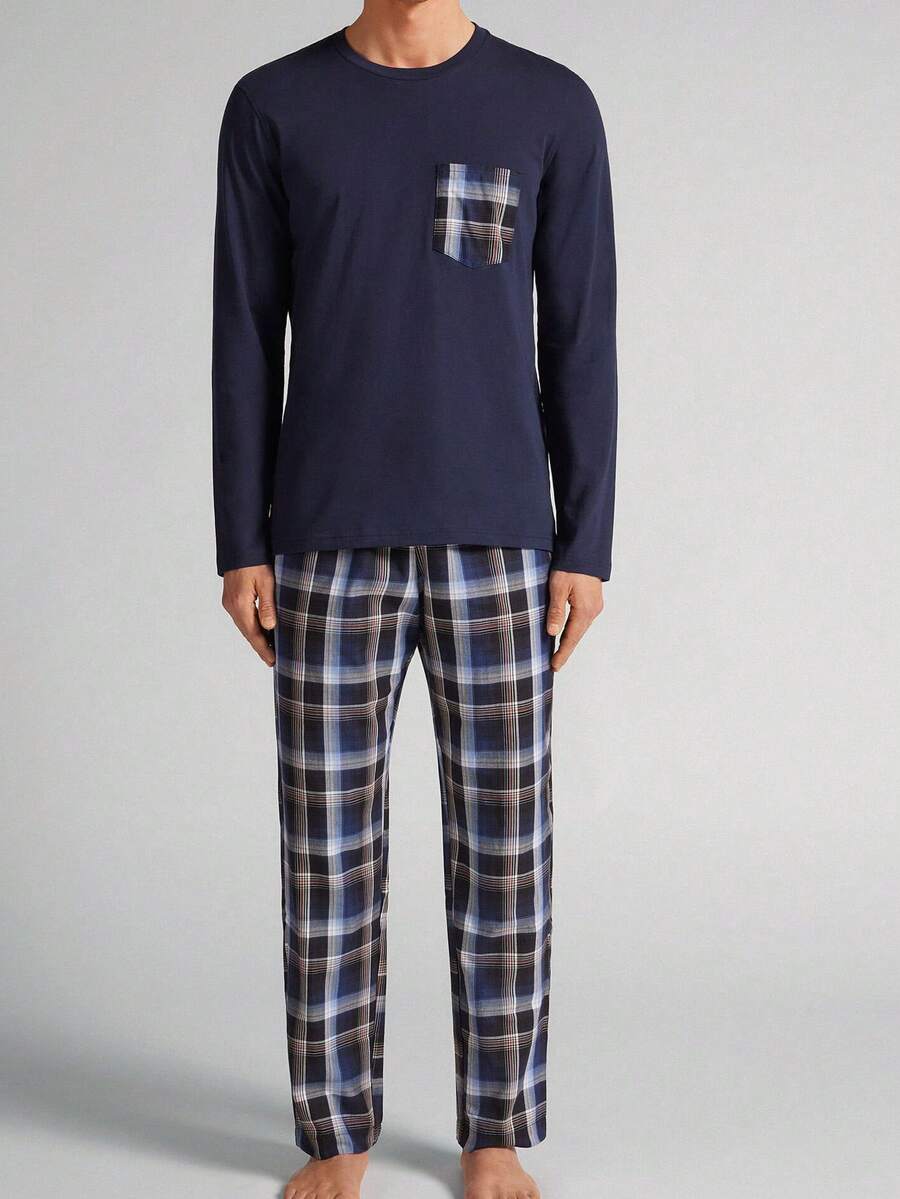 Conjunto de pijama de 2 piezas con parte superior de cuello redondo de manga larga y pantalones con estampado a cuadros para hombres, ropa de estar en casa cómoda y casual para primavera y otoño