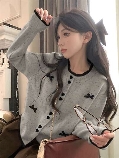 Bow Decor Long Sleeve Knitted Cardigan For Women, Loose Fit Contrast Color Sweater Jacket, Autumn/Winter New