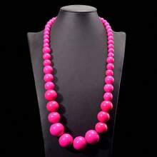 Women Bib NecklacesHot Pink Beaded Necklace For Women Men Colorful Bib Big Chunky Large Wooden Round Beads Strand Necklaces Costume Statement Wedding Jewelry Giftfor Girls - 亮粉紅色 - 查看 2