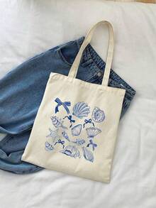 1pc Foldable Reusable Tote Bag With Blue Bowknot Pattern, Large Capacity Casual Grocery Bag, Minimalist Bohemian Style Handbag Suitable For Work, Travel, Shopping, School And More - Beige - View 13