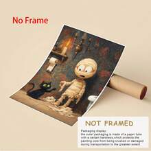 1PC Halloween Cat And Mummy Print, Funny Bathroom Decoration, Scary Halloween Decoration, Cat Lover Halloween Gift, Cat Litter Box Humor, Canvas Wall Art, Posters For Room, Home Decoration, Room Decoration Aesthetic, Room Decoration Stuff. Optional Frame