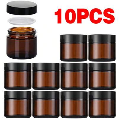 10x 60ml Empty Round Cosmetic Glass Jar Tinted Brown Lids Lotions Container