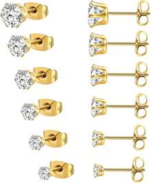MDFUN 6 Pairs Stud Earrings Sets 3-8MM 18K Gold Plated Round 5A+ Cubic Zirconia Earrings CZ 6 Prong Ears Jewelry Women - A-黃金3-8MM - 查看 1