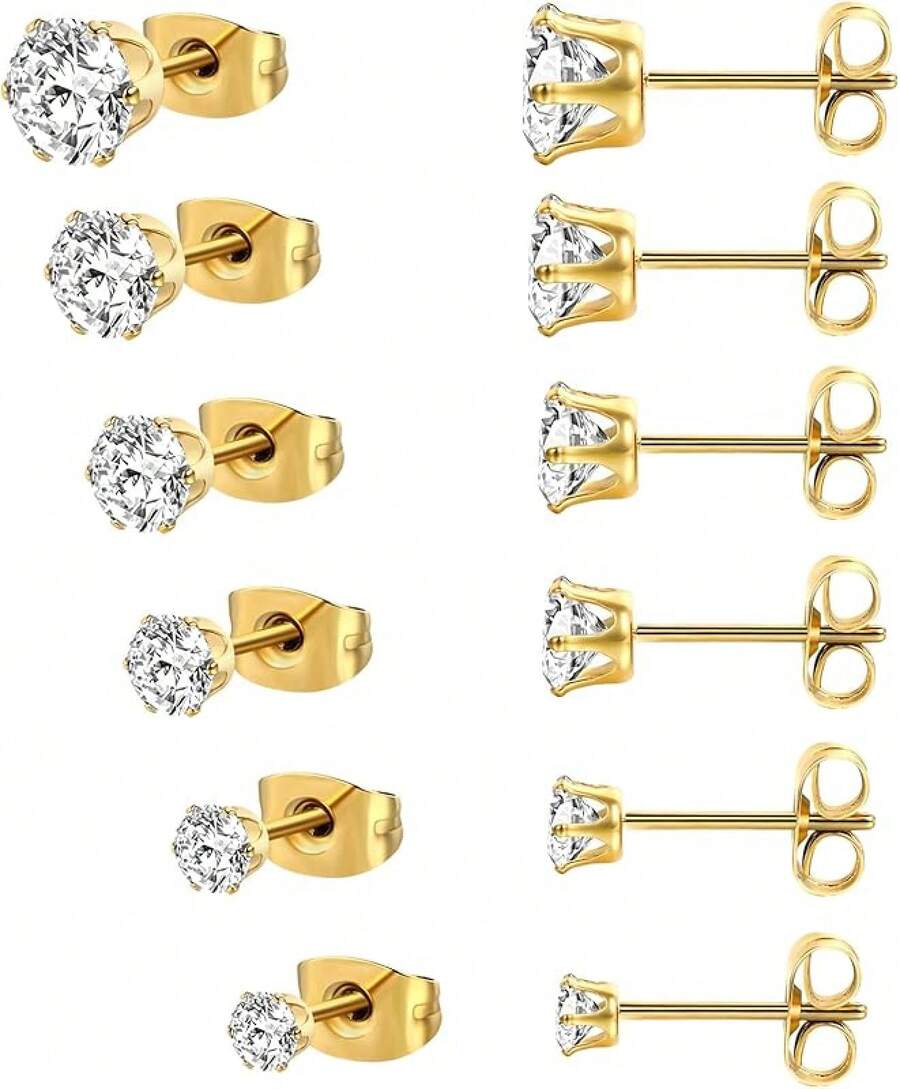 MDFUN 6 Pairs Stud Earrings Sets 3-8MM 18K Gold Plated Round 5A+ Cubic Zirconia Earrings CZ 6 Prong Ears Jewelry Women - A-黃金3-8MM - 查看 1