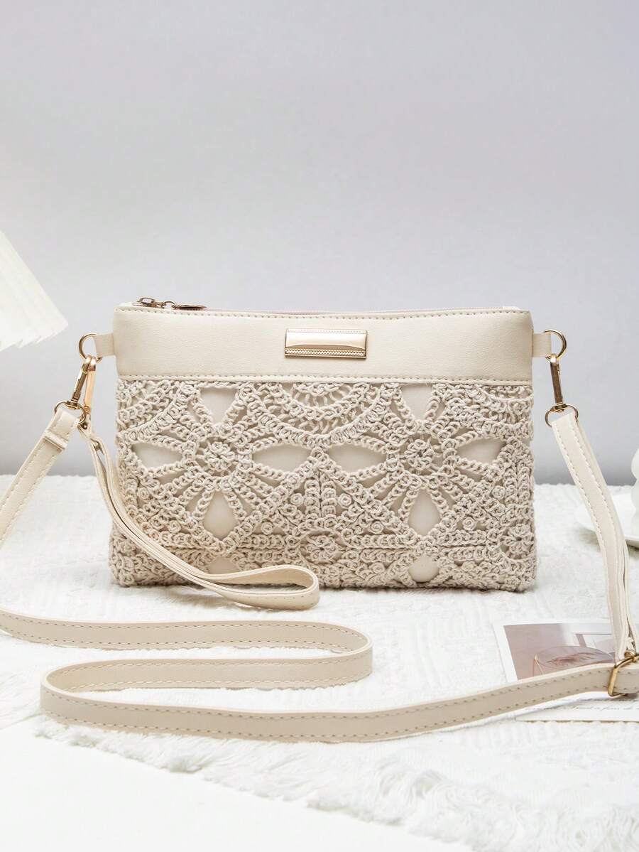 迷你沙滩包、腕带零钱包、女士斜挎单肩包、新款百搭小号单肩包、批发春夏季独特甜美方形包 - 米色 - 查看 1