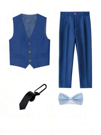 Tween Boys Suits Slim Fit 4 Piece Formal Dresswear Suit For Kids Tuxedo Wedding Set Toddler Boy Vest, Pants, Tie And Bowknot