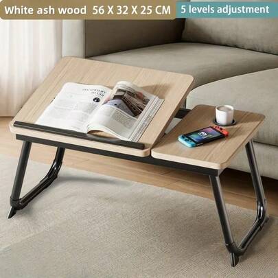 Birou pliabil pentru laptop cu suport pentru pahare - Masă portabilă cu tavă pentru pat, unghi reglabil pe 5 niveluri (înclinare), lemn reciclat robust - Birou care economisește spațiu pentru biroul de acasă, cămin, pat, canapea - Ideal pentru lucru, studiu, mâncat - Birou ușor pentru laptop, suport pentru laptop pentru birou, spațiu de lucru în dormitor, estetică modernă, construcție durabilă