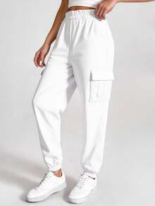 Quần túi hộp cạp chun cho nữ, màu trơn, thanh lịch, giản dị, dễ thương, có khóa kéo và nút - trắng - Xem 2