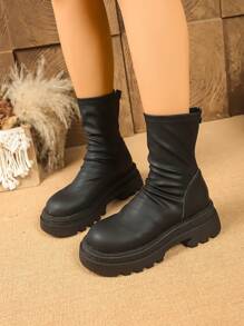 Women's Round Toe Chunky Heel Fashion Versatile Short Ankle Boots, Autumn/Winter - Black - View 3