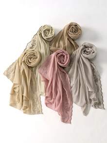 1件女士刺绣蕾丝拼接雪纺头巾，适合节日、派对和外出活动。 - 黑色 - 查看 4