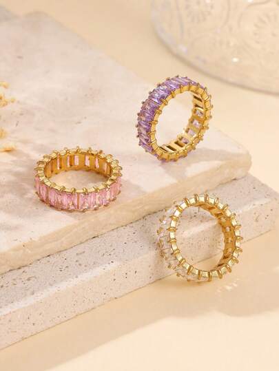 1 buc Inel din oțel inoxidabil auriu cu pietre dreptunghiulare roz, albe și violet incrustate, potrivit pentru decorarea zilnică sau cadoul femeilor