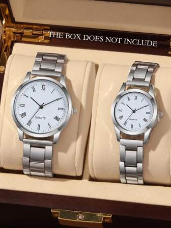 2 件时尚商务休闲男女百搭圆面钢带石英表，情侣礼品套装；适合情侣节日和日常佩戴