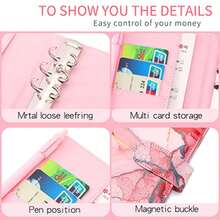 Savings Binder - Refillable Leather 6-Ring Binder With Magnetic Buckle Closure For Pens And Cards Storage - Pink - View 6