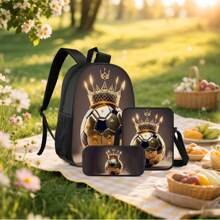 3 件套足球、皇冠、彩色、金色足球皇冠主题背包套装 - 斜挎包、铅笔盒和储物袋、耐用涤纶、轻便、时尚混色 - 15吋雙肩包3件套裝 - 查看 10