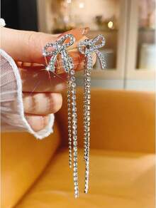 Bow Earrings For Women  Sparkly Rhinestone Chain Tassel Earrings Cute Ribbon Stud Earring Daily Party Jewerly Gifts Christmas Stocking Stuffers - B1: Silver Bow Earrings - View 3
