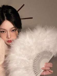 1 件新款中式复古黑色羽毛蕾丝折扇旗袍扇流苏古风最佳礼物生日装饰扇休闲简约风格适合日常使用 - 彩色 - 查看 7