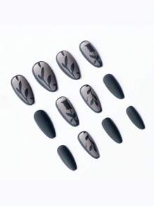 24pcs Almond Shape Acrylic Press On Nails Black,Ombre Color French Tip Roses And Leaves Matt Topcoat Design False Nails Nails Art,Nail Supplies Simple And Elegant Style Fake Nails,False Nails Daily Wear Gel Nail Kit