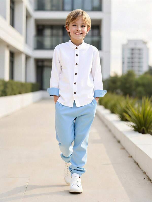 Set 2 buc cardigan cu guler înalt pentru băieți, primăvară/toamnă, cămașă și pantaloni drepți, costum casual albastru, elegant