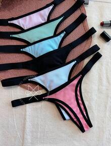 Kit Of 5 Ribbed Thong Panties With Bicolor Straps, Dental Floss, Premium Comfort Lingerie, Basic Women's Fashion - 彩色 - 查看 7