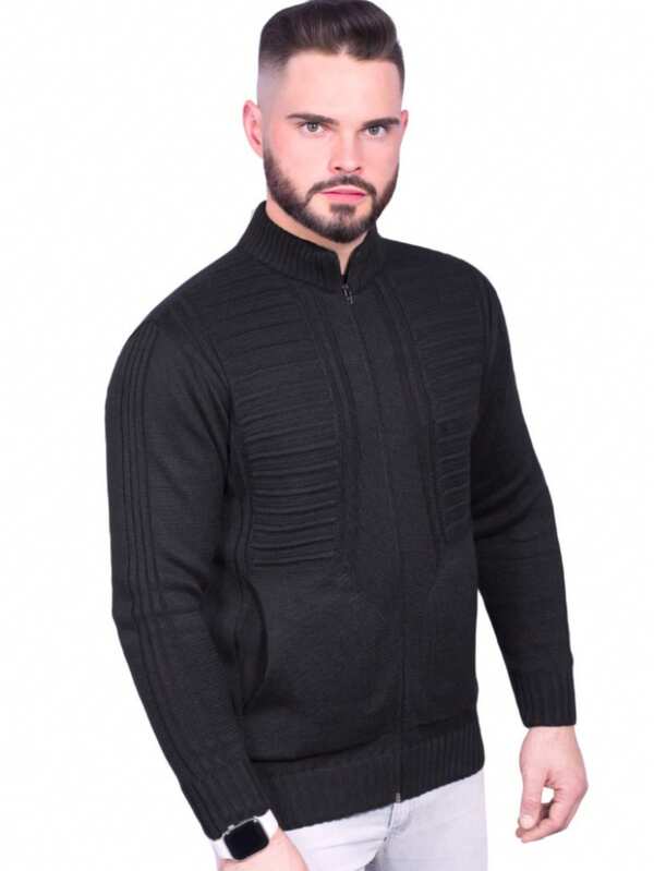 Cardigan Masculino Preto Tricô Casaco Slim Com Zíper Lã Tricot