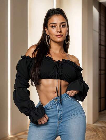 Crop Top Tipo Campesino de Manga Amplia con Detalle de Cinta para Mujer
