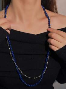 2 pezzi Collana lunga di lusso minimalista e alla moda in lapislazzuli naturale, catena da maglione, collana e bracciale a doppio strato, adatta per uomo e donna, per uso quotidiano, vacanze, regalo per appuntamenti