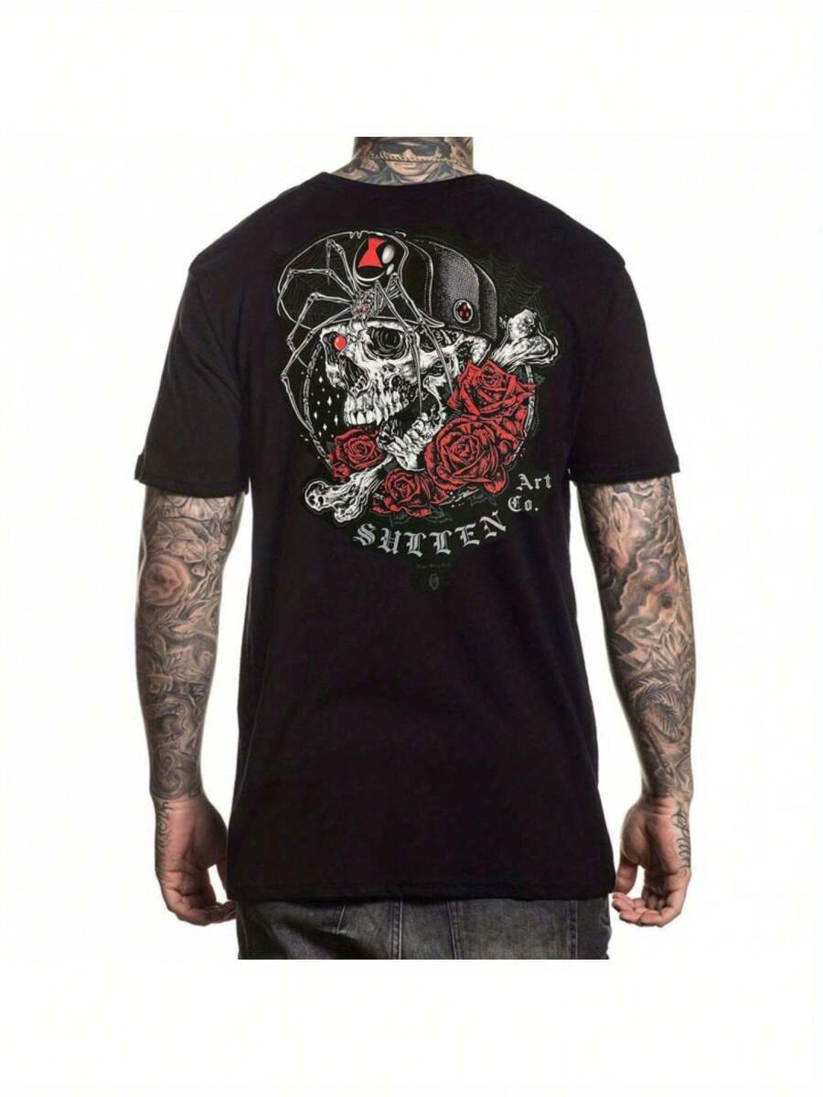 Graphic T-Shirt For Men [Casual Outings] Sullen Men's Widow Maker - Black, Soft Cotton, Short Sleeve, Round Neck, Skull And Pink Print, Advanced Casual Style, Comfortable Fit For All Seasons, Bohemian Design, Washable, Hand Wash Only, Retro T-Shirt - 黑色 - 查看 1